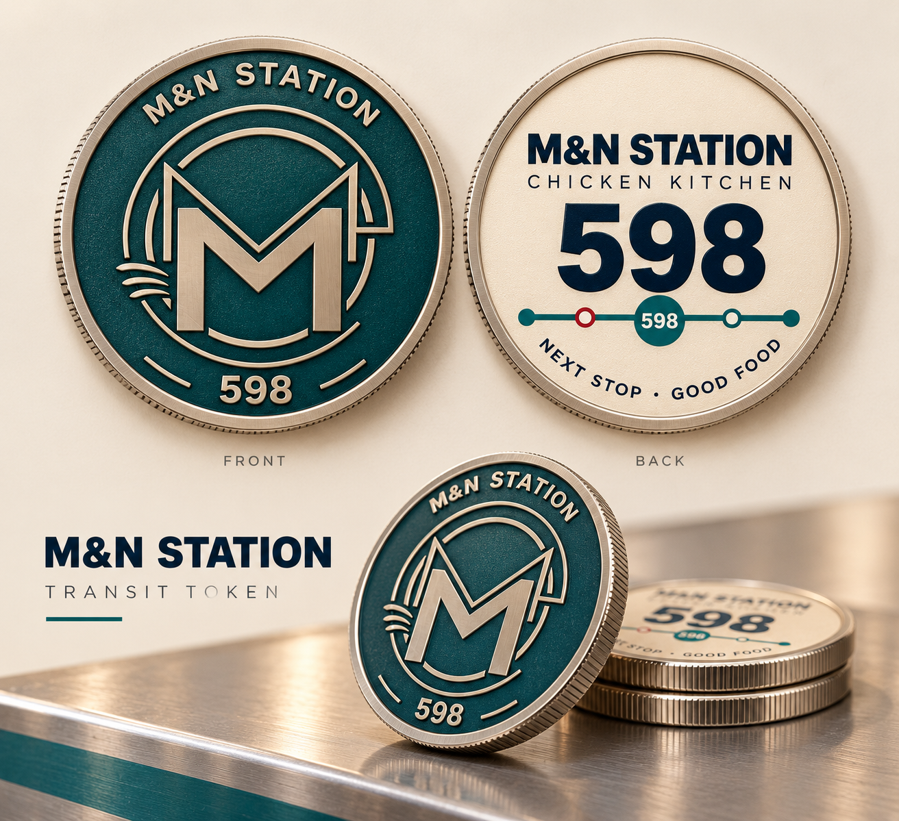 墨綠、奶油白與香檳金的 M&N Station 598 雙面交通代幣